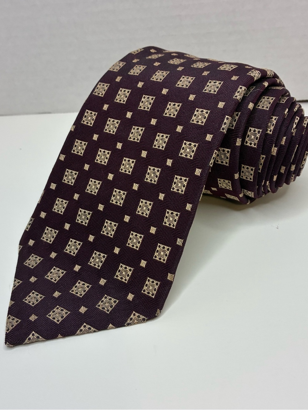 Vtg Polo Ralph Lauren Neiman Marcus Silk Tie Maroon Burgundy Geometric Square 58